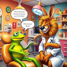 In a vibrant dental office, the same bright green frog, now without any disguise, is engaged in a cheerful conversation with the same sad lion, who is also without disguise, displaying a more comfortable demeanor
