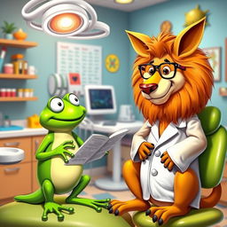 In a vibrant dental office, the same bright green frog, now without any disguise, is engaged in a cheerful conversation with the same sad lion, who is also without disguise, displaying a more comfortable demeanor
