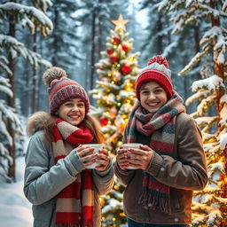 A winter scene set in a magical Christmas forest in the United States, featuring two 15-year-old teenagers