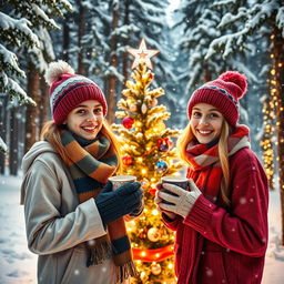 A winter scene set in a magical Christmas forest in the United States, featuring two 15-year-old teenagers