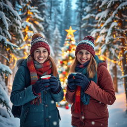 A winter scene set in a magical Christmas forest in the United States, featuring two 15-year-old teenagers