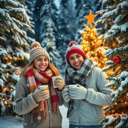 A winter scene set in a magical Christmas forest in the United States, featuring two 15-year-old teenagers