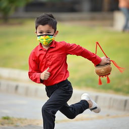 A young boy, appearing to be around 35 years old, wearing a colorful mask while running