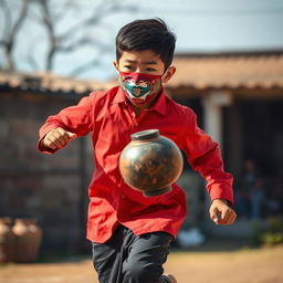 A young boy, appearing to be around 35 years old, wearing a colorful mask while running