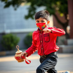 A young boy, appearing to be around 35 years old, wearing a colorful mask while running
