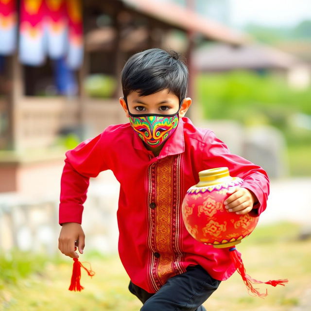 A young boy, appearing to be around 35 years old, wearing a colorful mask while running