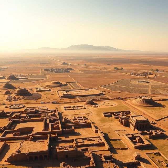 A grand panoramic view illustrating the vast expanse of the Indus Valley Civilization, showcasing a sprawling landscape dotted with the ruins of various ancient cities, including Harappa and Mohenjo-Daro