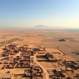 A grand panoramic view illustrating the vast expanse of the Indus Valley Civilization, showcasing a sprawling landscape dotted with the ruins of various ancient cities, including Harappa and Mohenjo-Daro