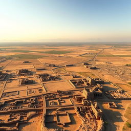 A grand panoramic view illustrating the vast expanse of the Indus Valley Civilization, showcasing a sprawling landscape dotted with the ruins of various ancient cities, including Harappa and Mohenjo-Daro