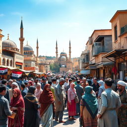 A vibrant scene showcasing Syrian people living in a culturally rich and secular society, emphasizing harmony and mutual respect