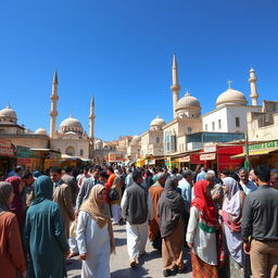 A vibrant scene showcasing Syrian people living in a culturally rich and secular society, emphasizing harmony and mutual respect