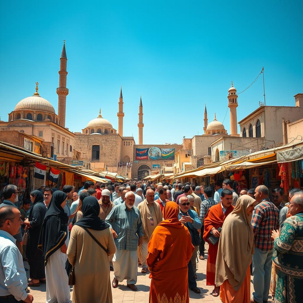 A vibrant scene showcasing Syrian people living in a culturally rich and secular society, emphasizing harmony and mutual respect