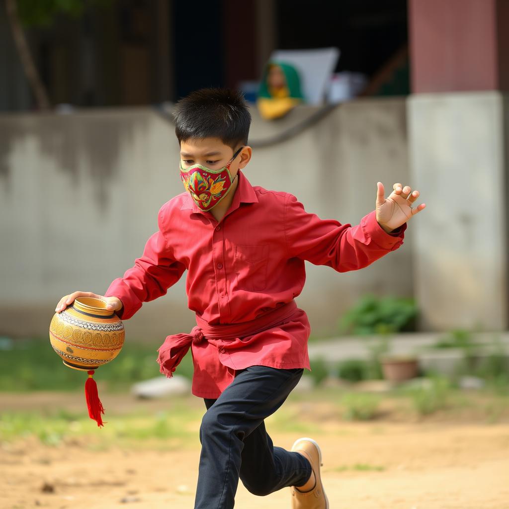 A young boy, around 35 years old, running energetically while wearing a colorful mask