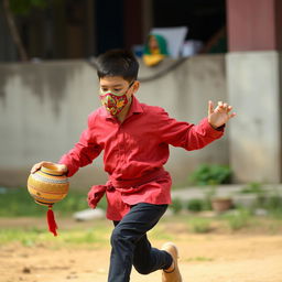 A young boy, around 35 years old, running energetically while wearing a colorful mask