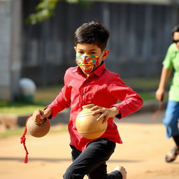 A young boy, around 35 years old, running energetically while wearing a colorful mask