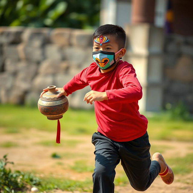 A young boy, around 35 years old, running energetically while wearing a colorful mask