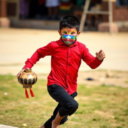 A young boy, around 35 years old, running energetically while wearing a colorful mask