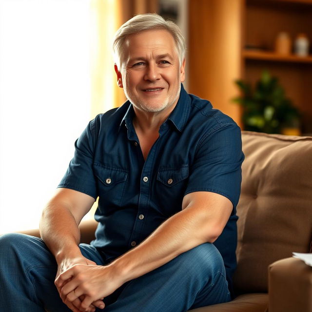 A relatively fit 60-year-old man sitting casually, wearing a dark denim blue shirt