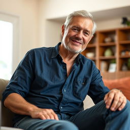 A relatively fit 60-year-old man sitting casually, wearing a dark denim blue shirt