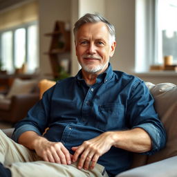 A relatively fit 60-year-old man sitting casually, wearing a dark denim blue shirt