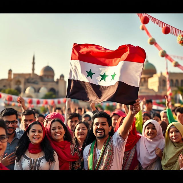 A vibrant scene depicting a group of Syrian people celebrating their heritage and culture, showcasing traditional attire and joyful expressions