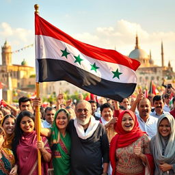A vibrant scene depicting a group of Syrian people celebrating their heritage and culture, showcasing traditional attire and joyful expressions