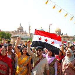 A vibrant scene depicting a group of Syrian people celebrating their heritage and culture, showcasing traditional attire and joyful expressions