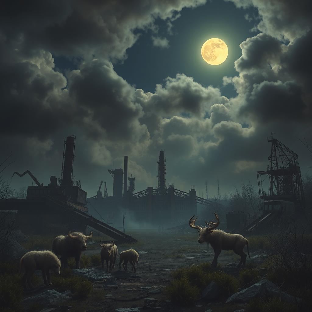 A haunting scene depicting a desolate demolition factory in the Chernobyl area, surrounded by eerie, mutated animals