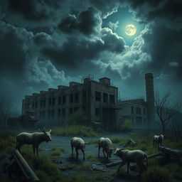 A haunting scene depicting a desolate demolition factory in the Chernobyl area, surrounded by eerie, mutated animals