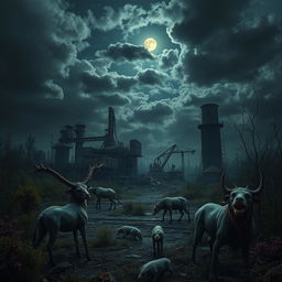 A haunting scene depicting a desolate demolition factory in the Chernobyl area, surrounded by eerie, mutated animals