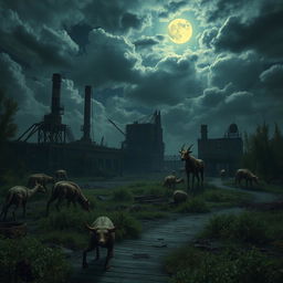 A haunting scene depicting a desolate demolition factory in the Chernobyl area, surrounded by eerie, mutated animals