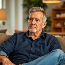 A relatively fit man aged 60, sitting comfortably in a relaxed pose