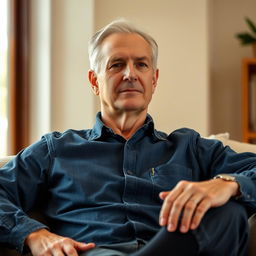 A relatively fit man aged 60, sitting comfortably in a relaxed pose