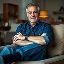 A relatively fit man aged 60, sitting comfortably in a relaxed pose