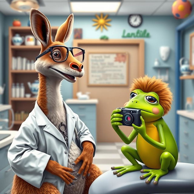 In a dental office, a kangaroo dressed as a dentist engages in a conversation with a bright green frog holding a camera, while a sad lion sits nearby, reflecting its melancholic demeanor