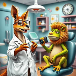 In a dental office, a kangaroo dressed as a dentist engages in a conversation with a bright green frog holding a camera, while a sad lion sits nearby, reflecting its melancholic demeanor