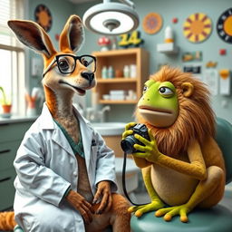 In a dental office, a kangaroo dressed as a dentist engages in a conversation with a bright green frog holding a camera, while a sad lion sits nearby, reflecting its melancholic demeanor