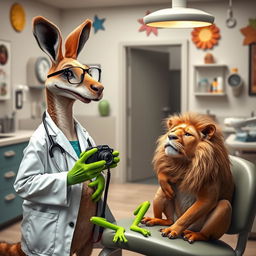In a dental office, a kangaroo dressed as a dentist engages in a conversation with a bright green frog holding a camera, while a sad lion sits nearby, reflecting its melancholic demeanor