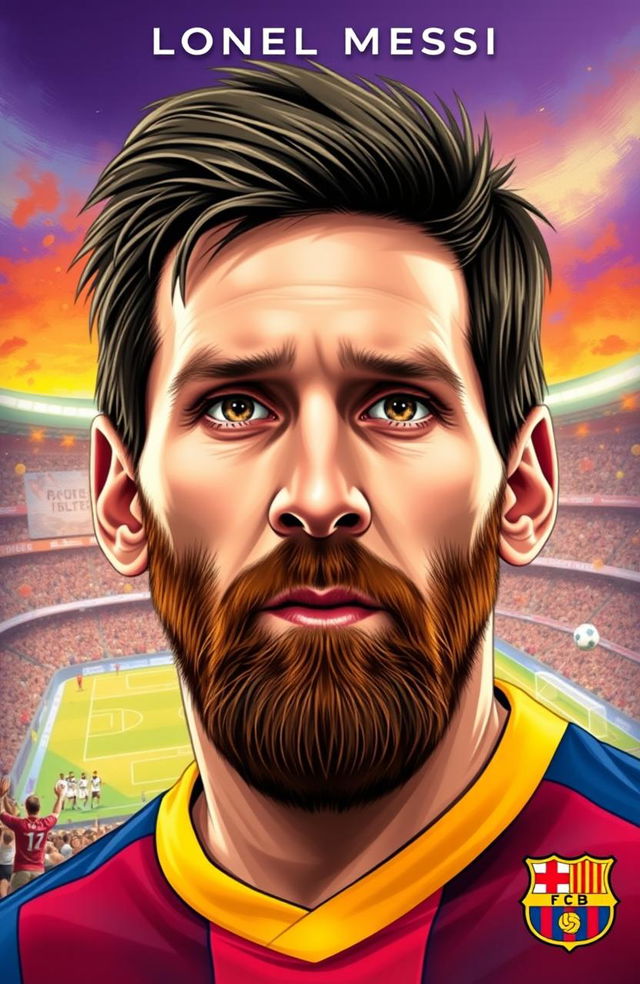 A captivating cover featuring a beautifully illustrated face of Lionel Messi, capturing his iconic features such as his striking beard, bright eyes, and determined expression