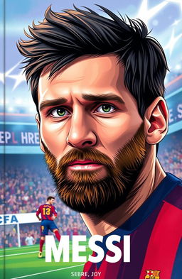 A captivating cover featuring a beautifully illustrated face of Lionel Messi, capturing his iconic features such as his striking beard, bright eyes, and determined expression