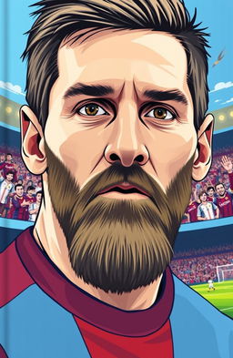 A captivating cover featuring a beautifully illustrated face of Lionel Messi, capturing his iconic features such as his striking beard, bright eyes, and determined expression