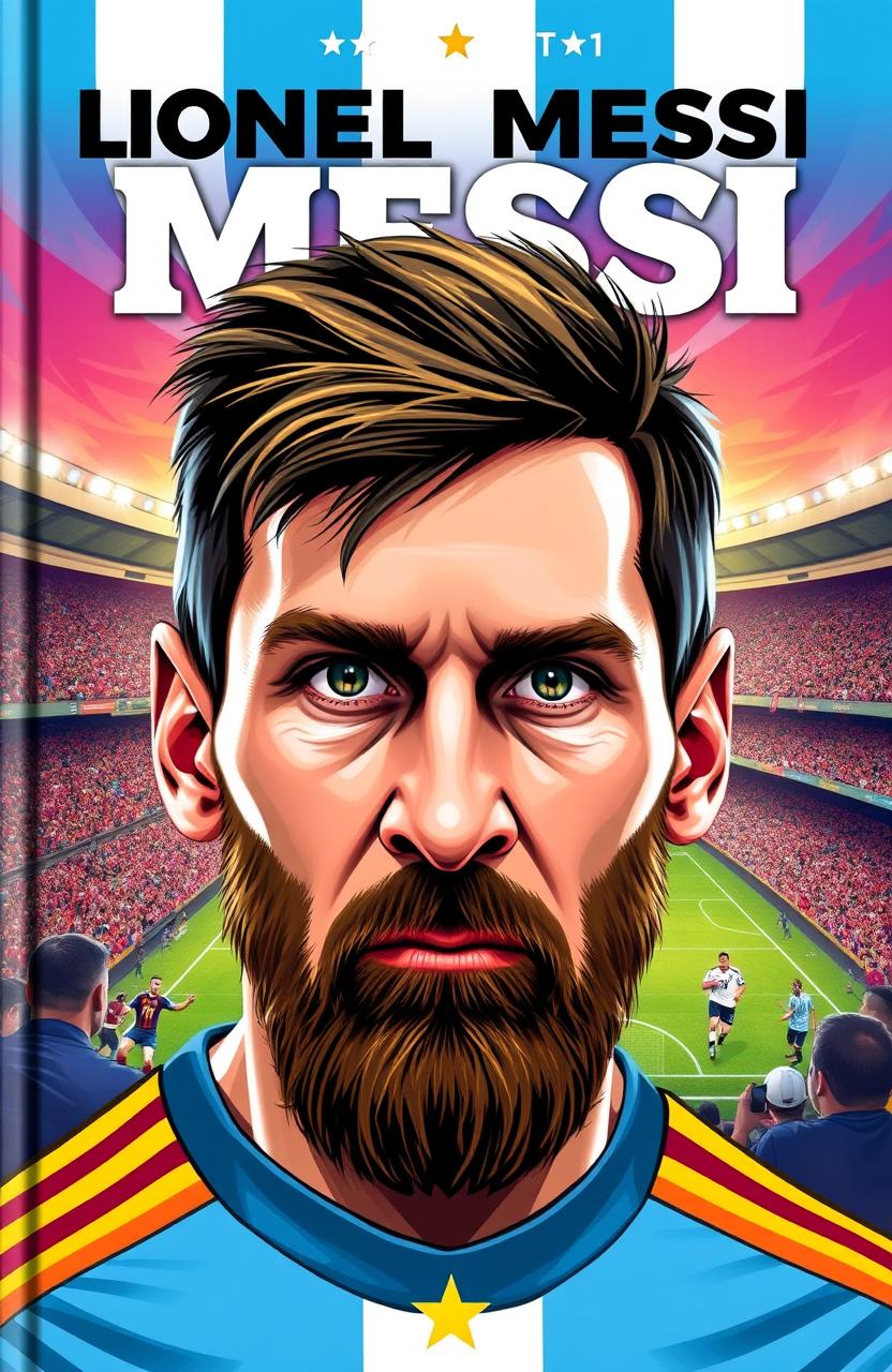 A captivating cover featuring a beautifully illustrated face of Lionel Messi, capturing his iconic features such as his striking beard, bright eyes, and determined expression