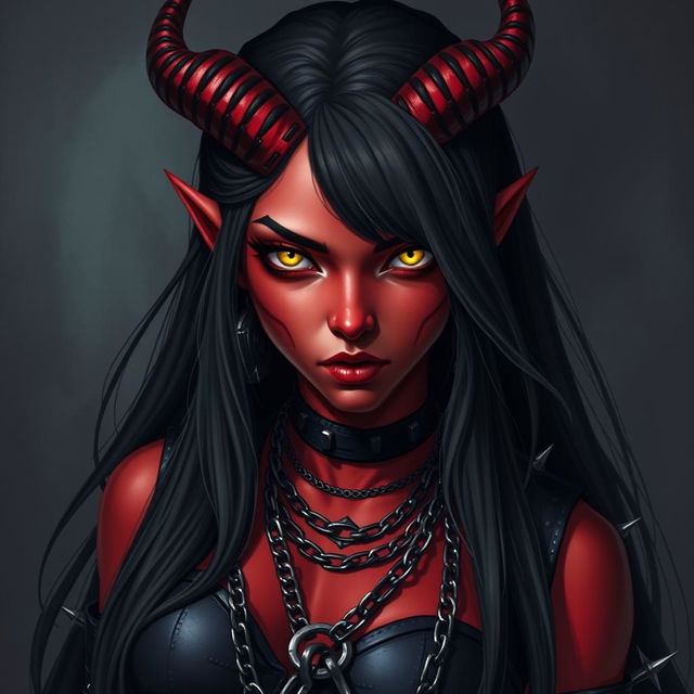 A striking tiefling girl with long black hair cascading past her shoulders, featuring sharp yellow eyes that glow with an otherworldly intensity