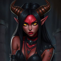 A striking tiefling girl with long black hair cascading past her shoulders, featuring sharp yellow eyes that glow with an otherworldly intensity