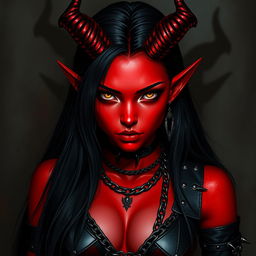 A striking tiefling girl with long black hair cascading past her shoulders, featuring sharp yellow eyes that glow with an otherworldly intensity