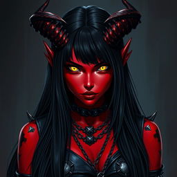 A striking tiefling girl with long black hair cascading past her shoulders, featuring sharp yellow eyes that glow with an otherworldly intensity