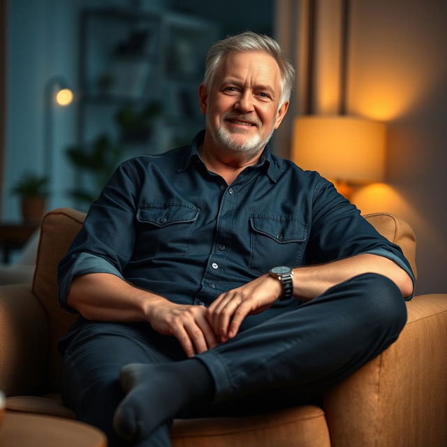 A 60-year-old relatively fit man sitting comfortably in a relaxed pose