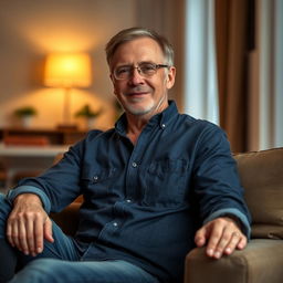 A 60-year-old relatively fit man sitting comfortably in a relaxed pose