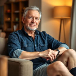 A 60-year-old relatively fit man sitting comfortably in a relaxed pose