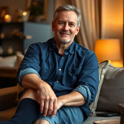 A 60-year-old relatively fit man sitting comfortably in a relaxed pose